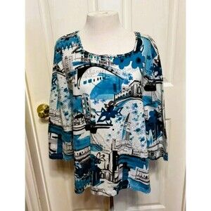 Alfred Dunner Blue White Cityscape Rhinestone 3/4 Sleeve Blouse (Size XL)